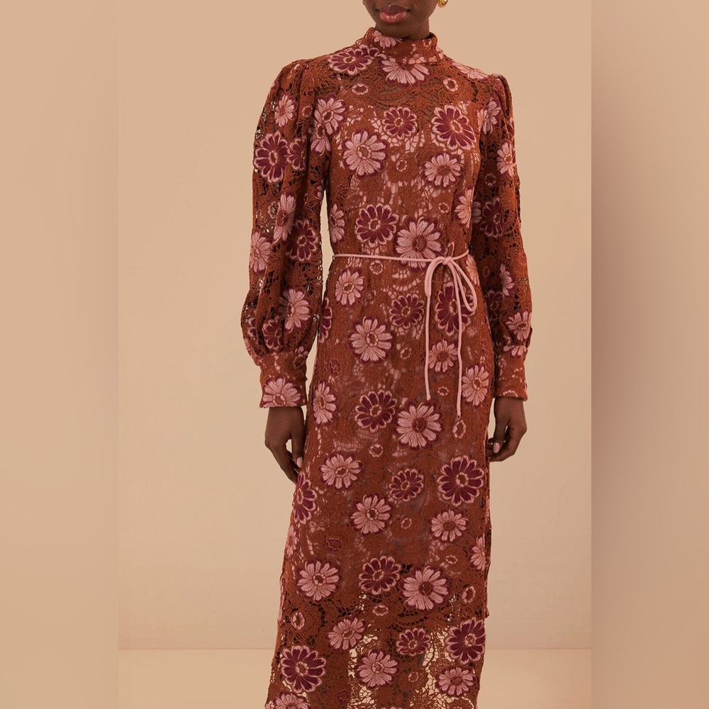 Farm Rio Brown Gigi Tapestry Guipure Midi Crochet Lace Floral Dress NWT